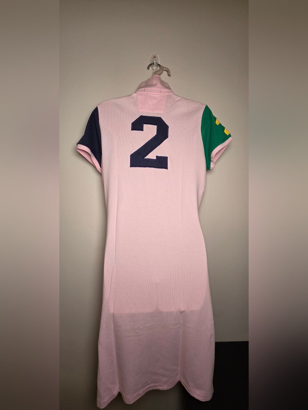 Ralph Lauren Light Pink Polo Midi Dress with Green and Navy Sleeves - Picture 6 of 9
